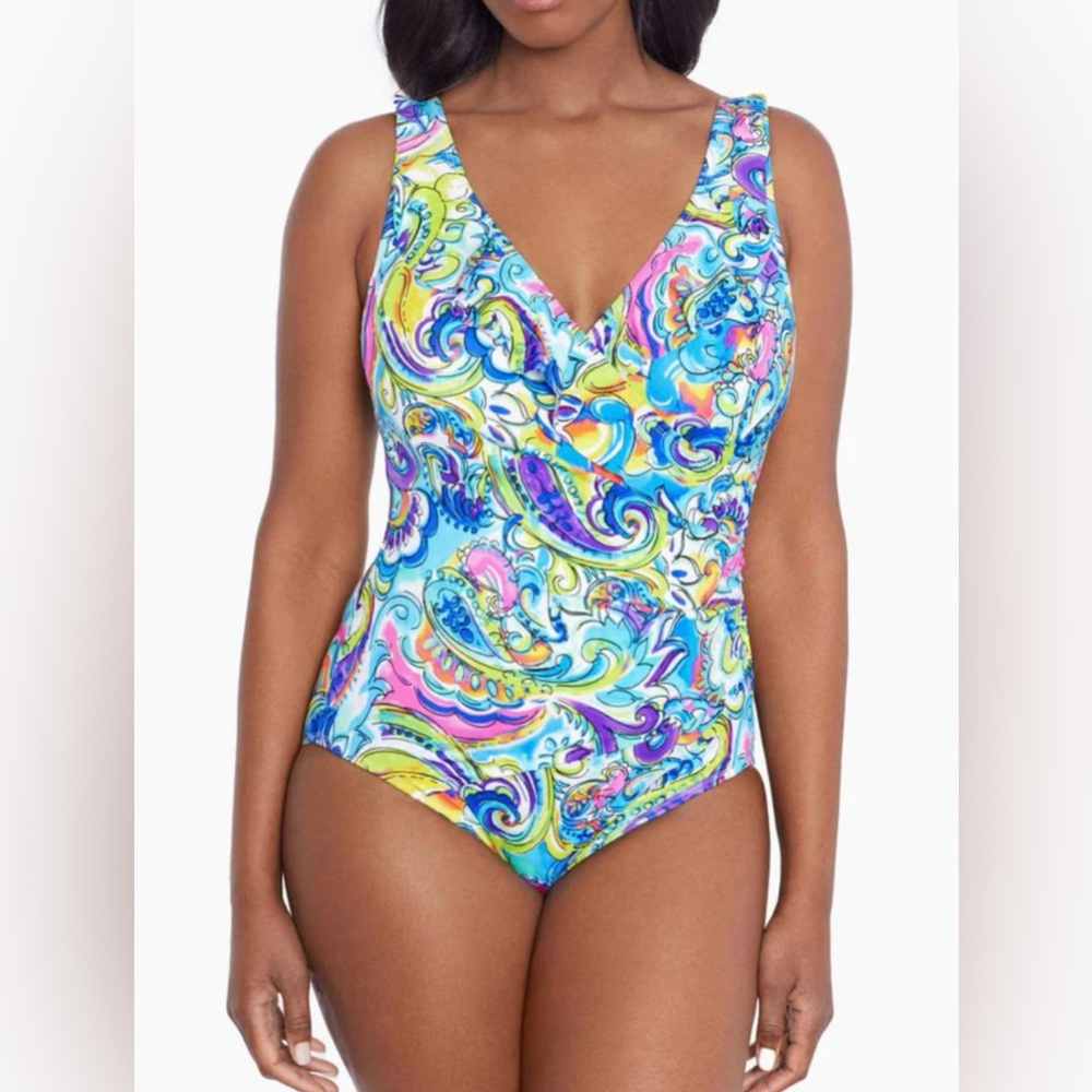 Women's Paisley Seas Ruffle Surplice Long Torso One-Piece Swimsuit